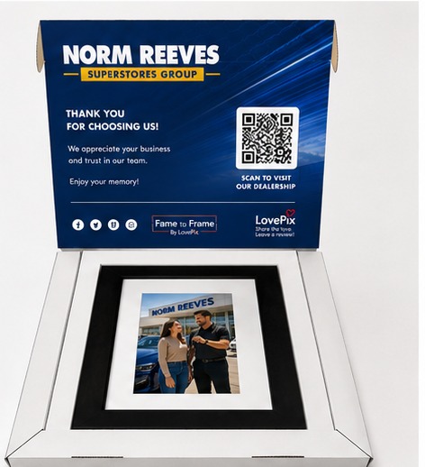 Norm Reeves branded shipping box with the finished keepsake packed inside